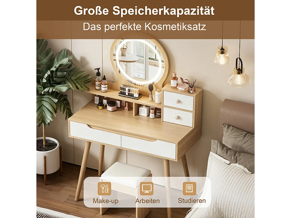 Kaptafel met LED-spiegel, gewatteerde kruk, 2 lades en 2 kasten, 80 x 135 x 40 cm