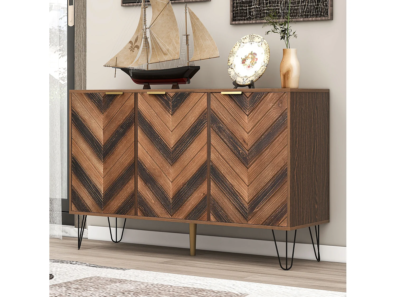 Sideboard esclusivo con tre porte, 120x38x76,5 cm, dettagli dorati, gambe in ferro e ampio spazio di archiviazione