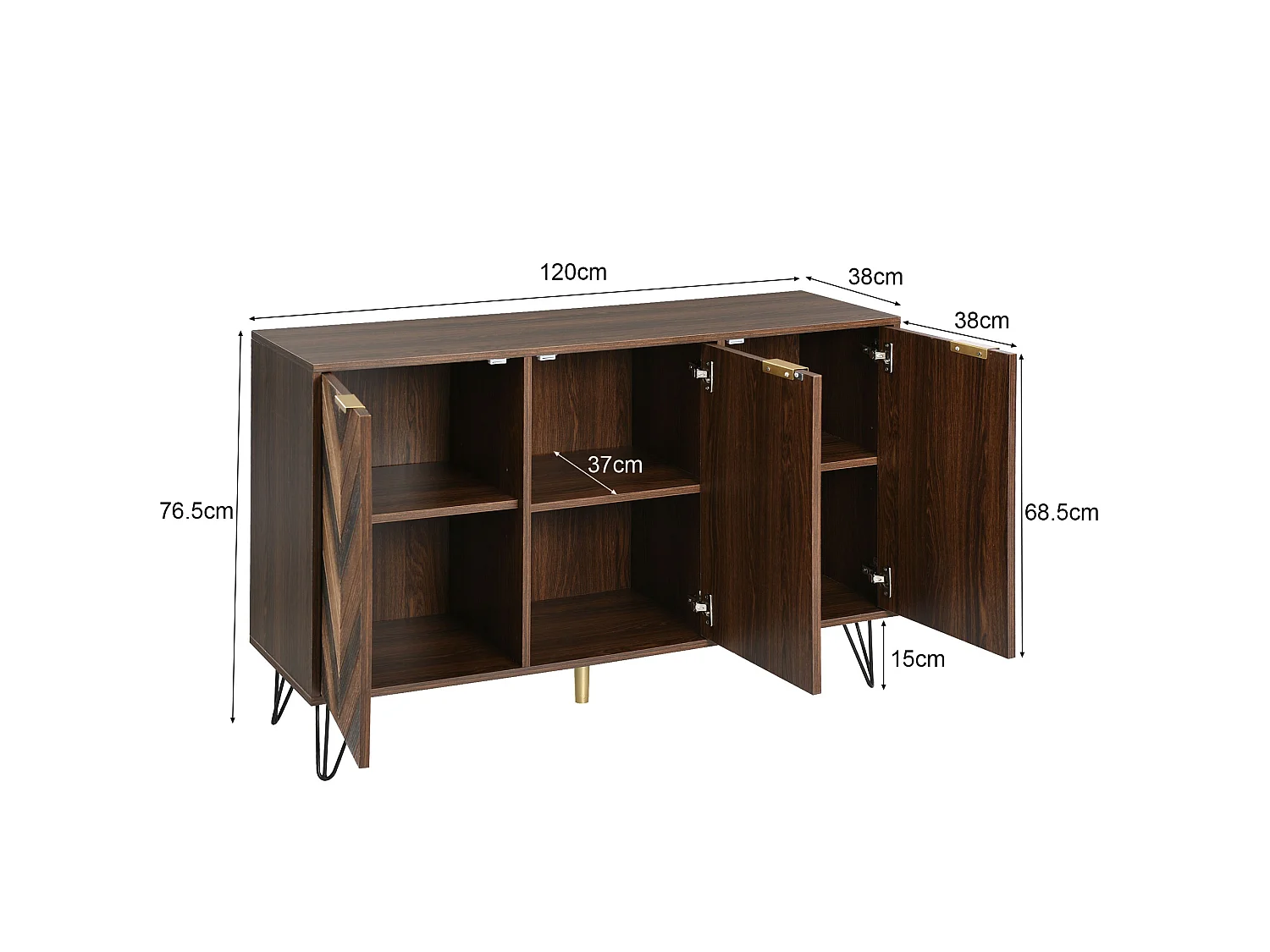 Sideboard esclusivo con tre porte, 120x38x76,5 cm, dettagli dorati, gambe in ferro e ampio spazio di archiviazione
