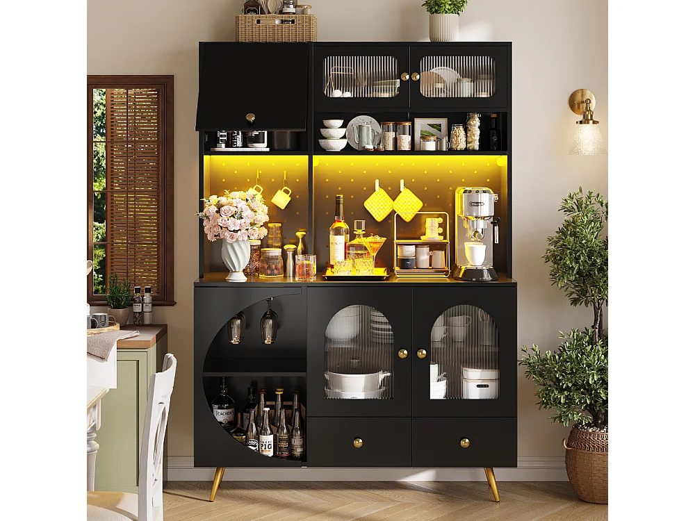 Moderne Sideboard LED USB Keuken Woonkamer Hoog opbergmeubel met geïntegreerde stopcontacten hout glas multifunctioneel georganiseerd
