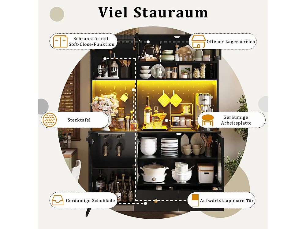 Moderne Sideboard LED USB Keuken Woonkamer Hoog opbergmeubel met geïntegreerde stopcontacten hout glas multifunctioneel georganiseerd