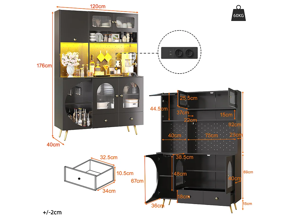 Moderne Sideboard LED USB Keuken Woonkamer Hoog opbergmeubel met geïntegreerde stopcontacten hout glas multifunctioneel georganiseerd