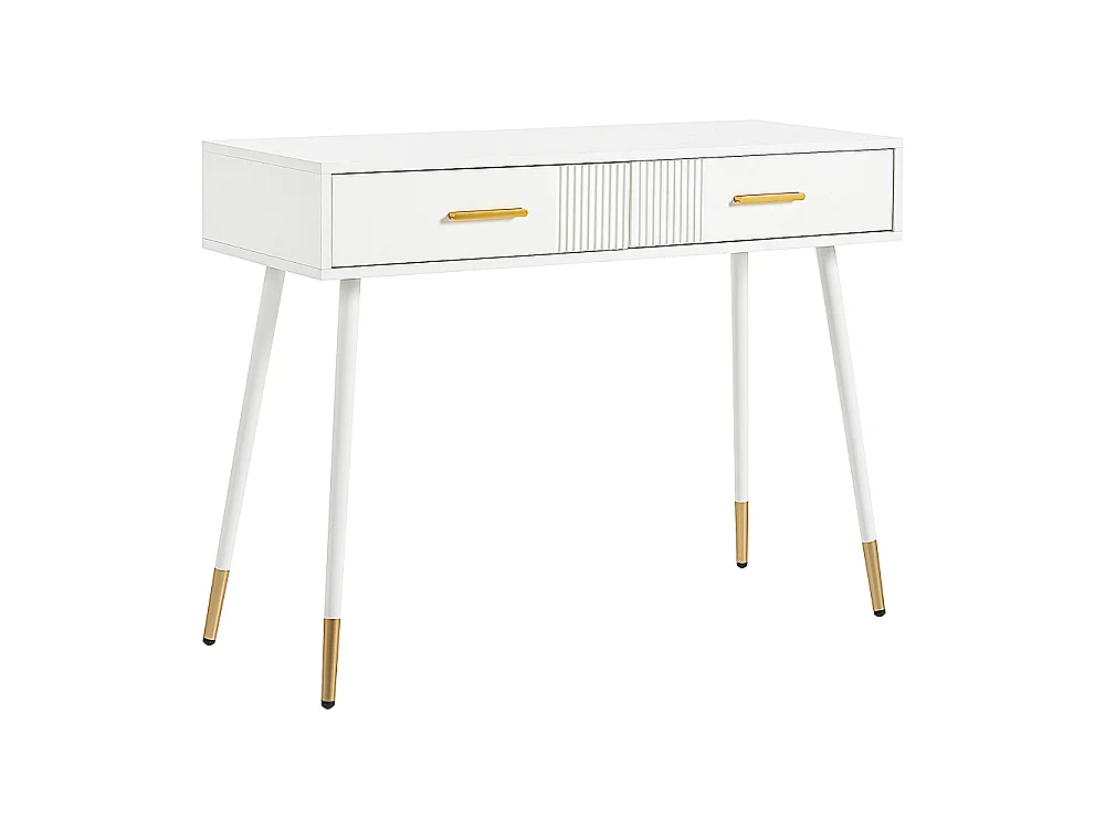 Mesa multifunción tocador y escritorio, 2 cajones metal dorado, patas cónicas doradas, blanco, 100x40x76 cm