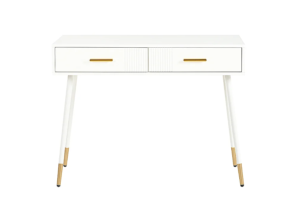 Mesa multifunción tocador y escritorio, 2 cajones metal dorado, patas cónicas doradas, blanco, 100x40x76 cm