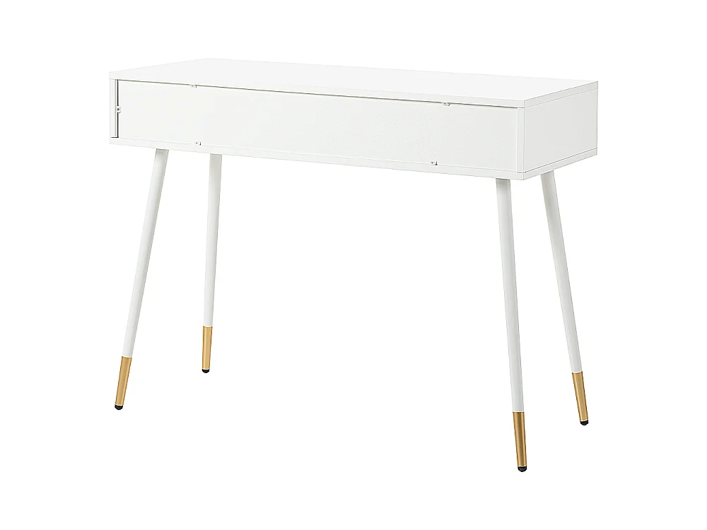 Mesa multifunción tocador y escritorio, 2 cajones metal dorado, patas cónicas doradas, blanco, 100x40x76 cm