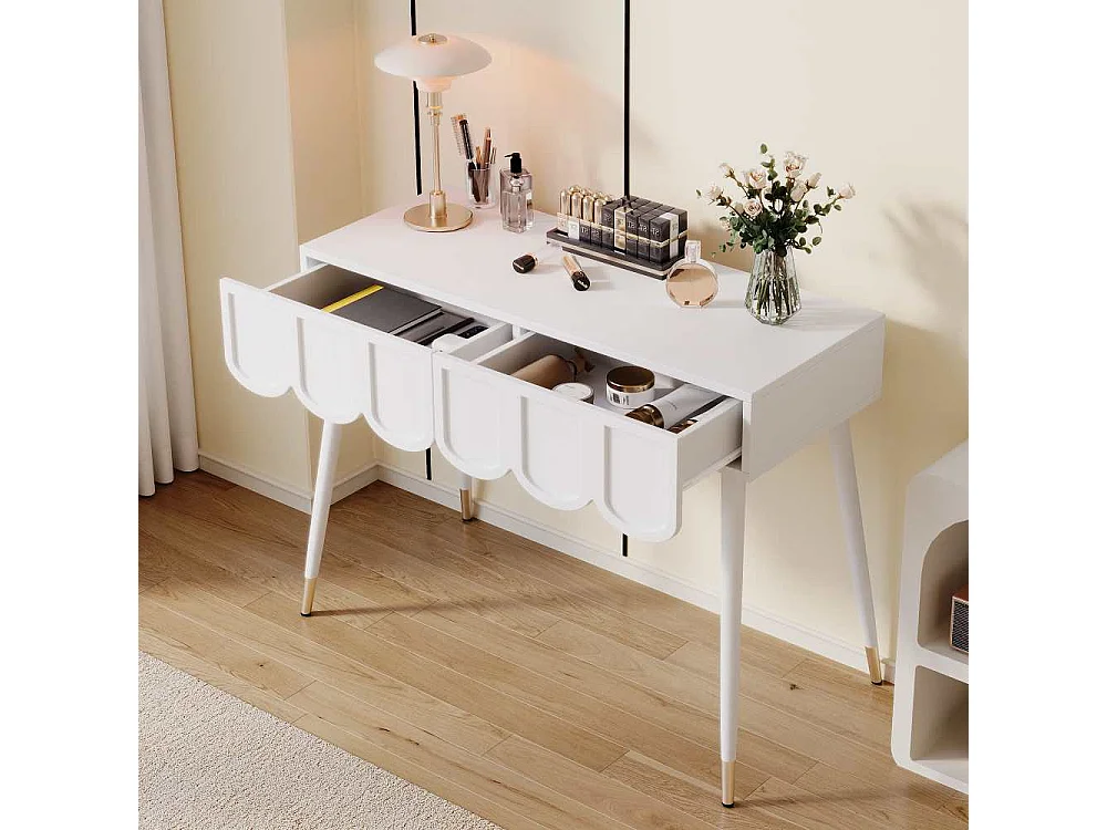 Tocador blanco 100 cm – patas metal, espejo LED 3 colores, 2 cajones, taburete incluido – 100x40x76 cm