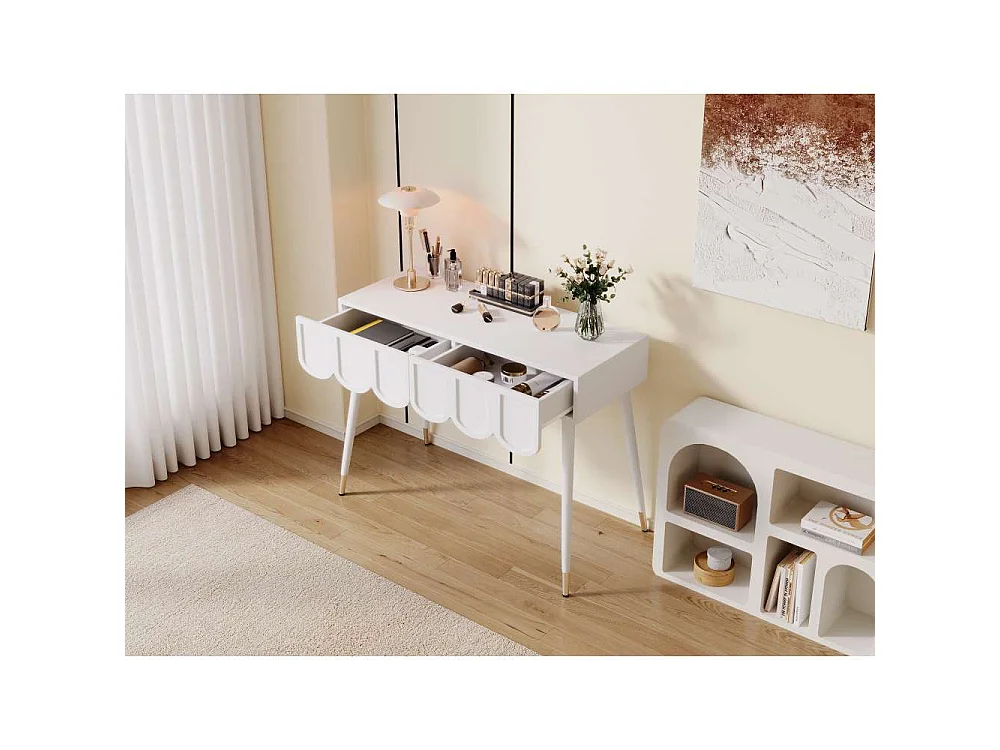 Tocador blanco 100 cm – patas metal, espejo LED 3 colores, 2 cajones, taburete incluido – 100x40x76 cm