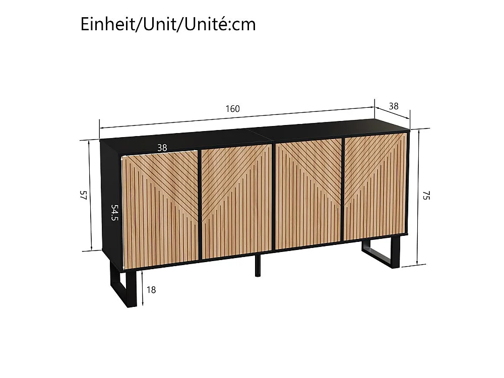 Aparador moderno minimalista de 160 cm en MDF y PB con frontal estriado 3D, gran capacidad de almacenaje y estructura metálica