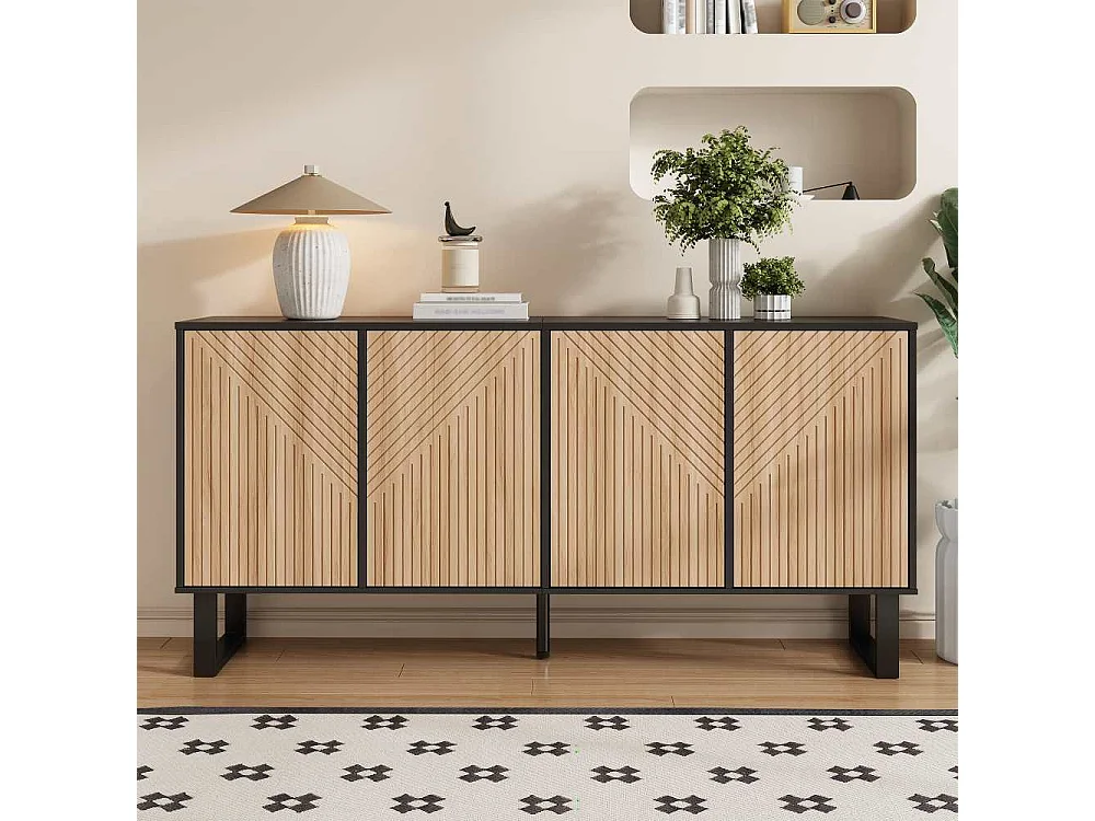Aparador moderno minimalista de 160 cm en MDF y PB con frontal estriado 3D, gran capacidad de almacenaje y estructura metálica