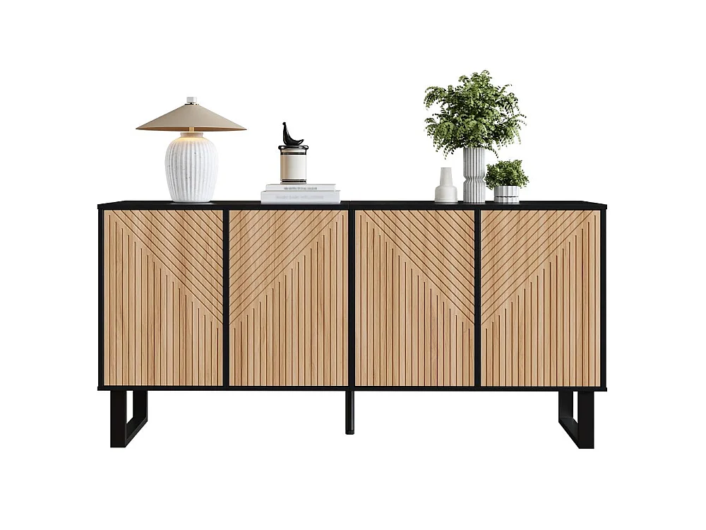 Aparador moderno minimalista de 160 cm en MDF y PB con frontal estriado 3D, gran capacidad de almacenaje y estructura metálica
