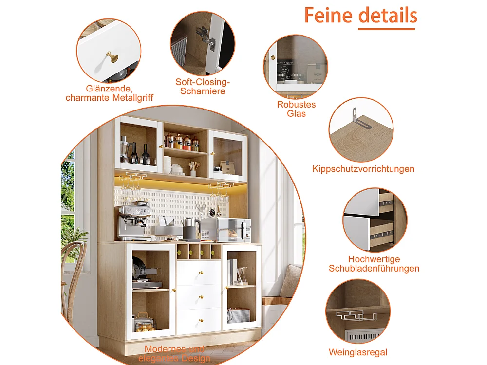 Moderne hoge buffetkast met intelligent LED-licht, wijnflessenhouder, glazenhouder, verstelbare planken en kantelbeveiliging
