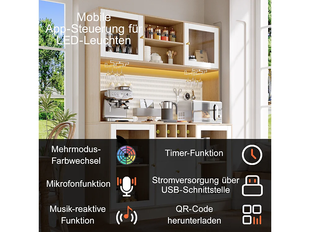 Moderne hoge buffetkast met intelligent LED-licht, wijnflessenhouder, glazenhouder, verstelbare planken en kantelbeveiliging