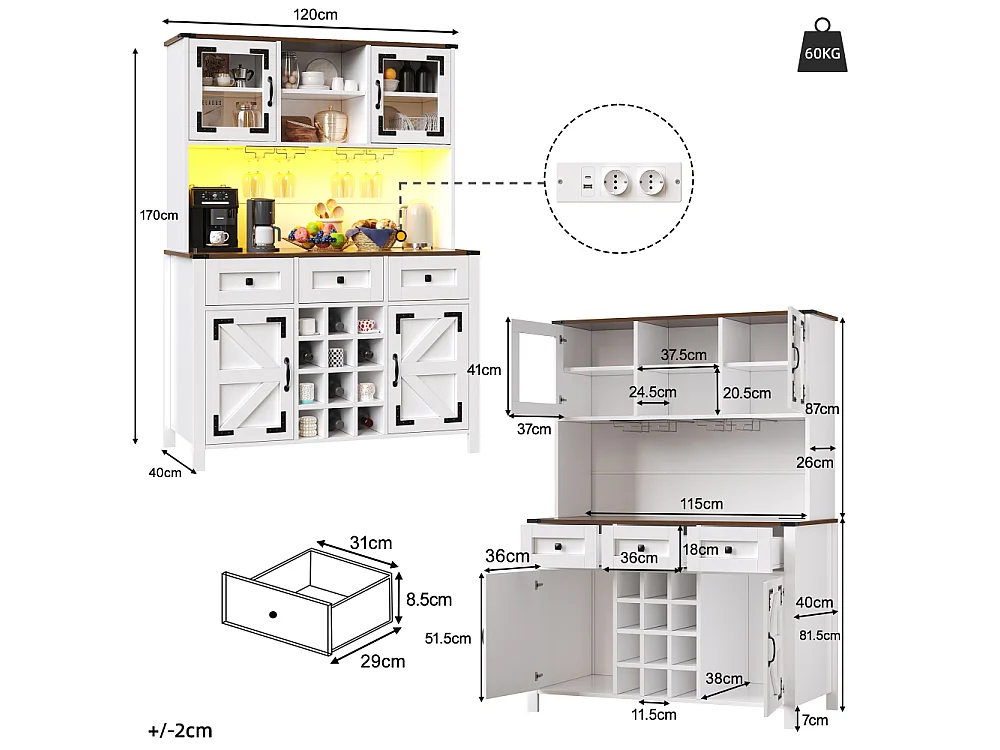 Hoge keukenbuffetkast met USB- en stopcontacten, geïntegreerde LED, 4 deuren, 3 lades, glazenhouder, flessenopslag 120×40×170 cm