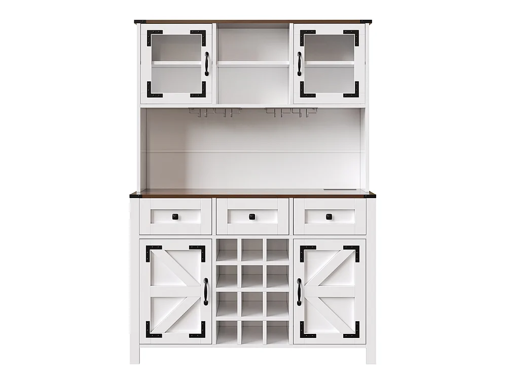 Hoge keukenbuffetkast met USB- en stopcontacten, geïntegreerde LED, 4 deuren, 3 lades, glazenhouder, flessenopslag 120×40×170 cm