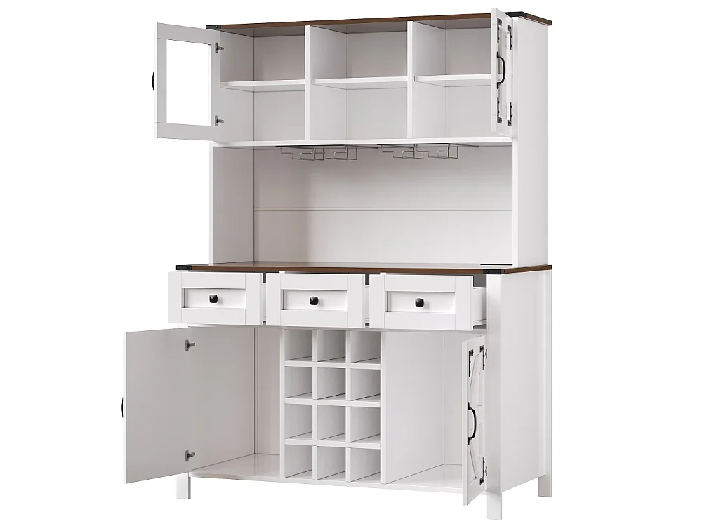 Hoge keukenbuffetkast met USB- en stopcontacten, geïntegreerde LED, 4 deuren, 3 lades, glazenhouder, flessenopslag 120×40×170 cm