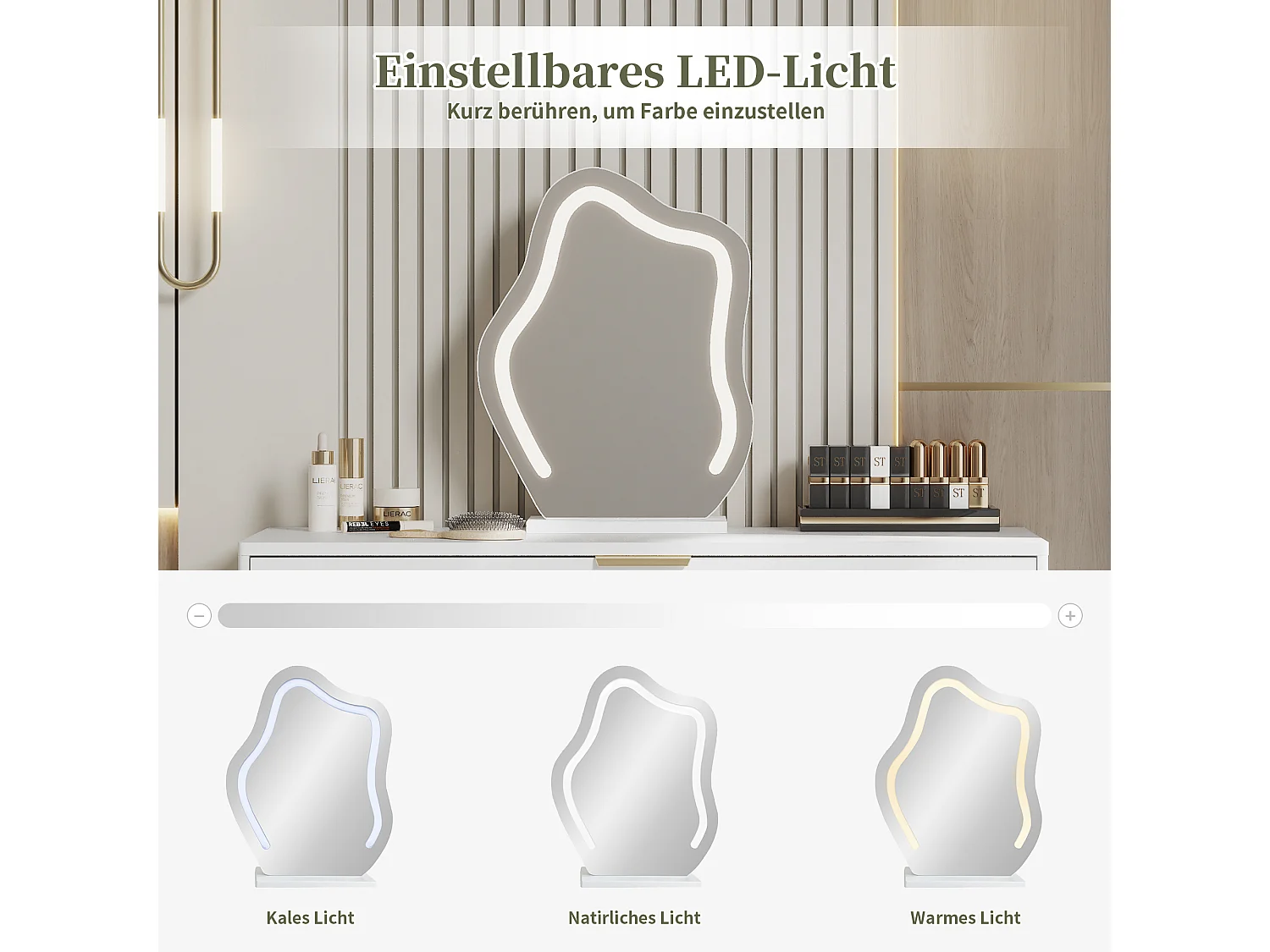 Tocador Moderno con Espejo LED y Gran Espacio de Almacenaje, Tocador Blanco con Iluminación Ajustable, Diseño Flexible y Seguro
