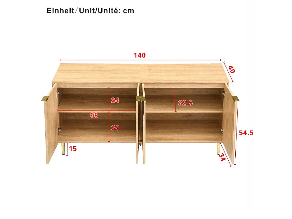 Buffet Moderno de Madera Natural con 4 Puertas y Espacio de Almacenaje, 140 x 40 x 72 cm, Elegante y Funcional