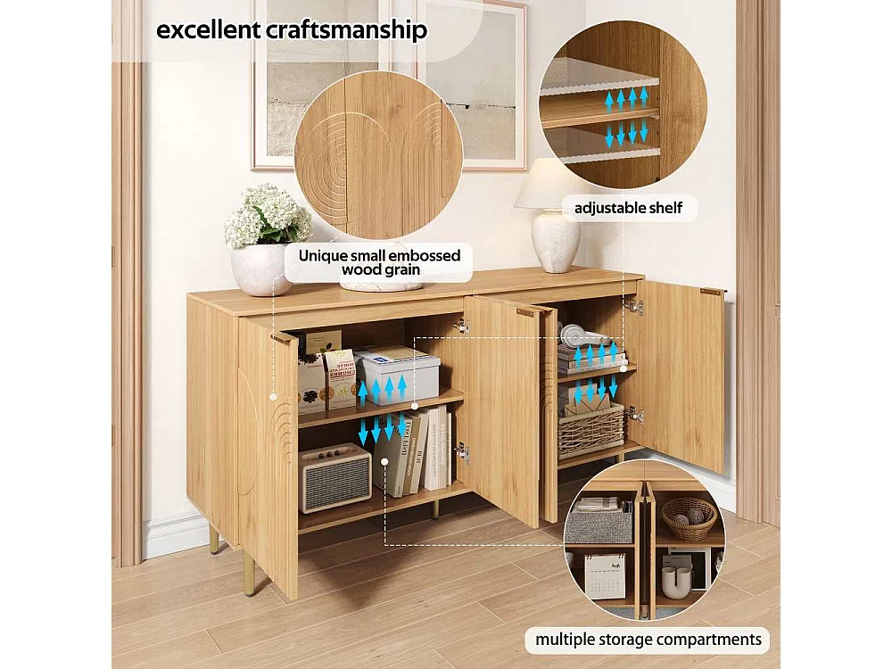 Buffet Moderno de Madera Natural con 4 Puertas y Espacio de Almacenaje, 140 x 40 x 72 cm, Elegante y Funcional