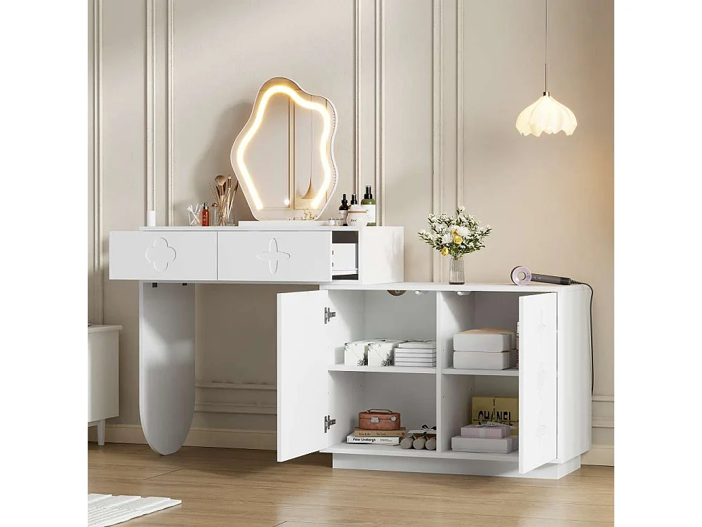 Tocador con espejo LED de iluminación regulable, dos cajones, espacios de almacenamiento modulares y cómoda blanca de estilo moderno