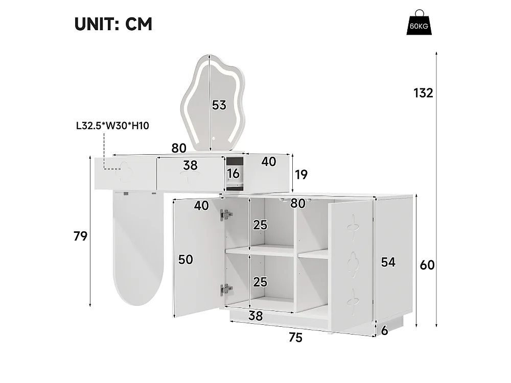 Tocador con espejo LED de iluminación regulable, dos cajones, espacios de almacenamiento modulares y cómoda blanca de estilo moderno