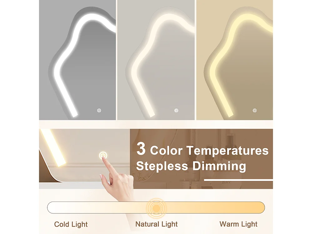 Tocador con espejo LED de iluminación regulable, dos cajones, espacios de almacenamiento modulares y cómoda blanca de estilo moderno