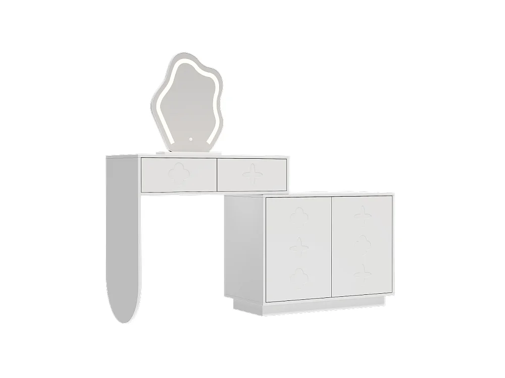 Tocador con espejo LED de iluminación regulable, dos cajones, espacios de almacenamiento modulares y cómoda blanca de estilo moderno