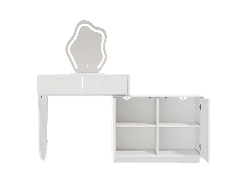 Tocador con espejo LED de iluminación regulable, dos cajones, espacios de almacenamiento modulares y cómoda blanca de estilo moderno