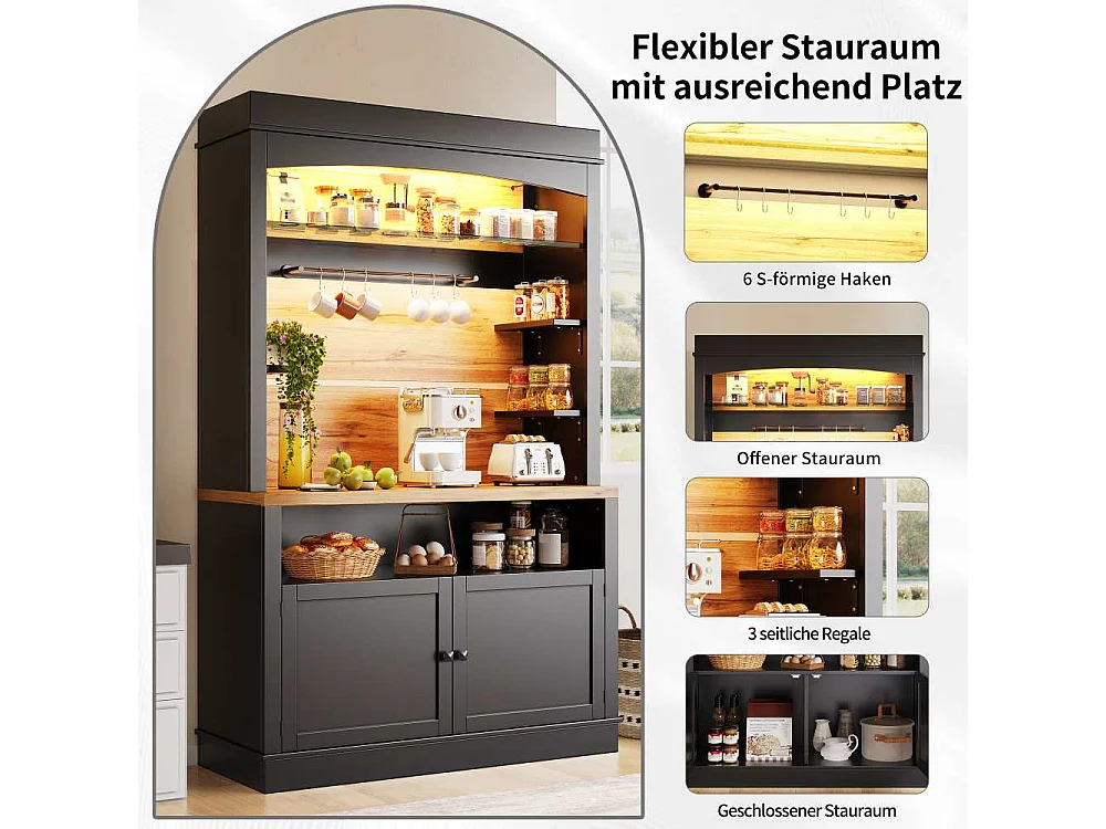 Hoge keukenkast, LED-vitrine met open planken, USB-bediening via app, opbergruimte en kantelbeveiliging