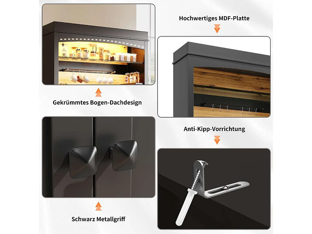 Hoge keukenkast, LED-vitrine met open planken, USB-bediening via app, opbergruimte en kantelbeveiliging