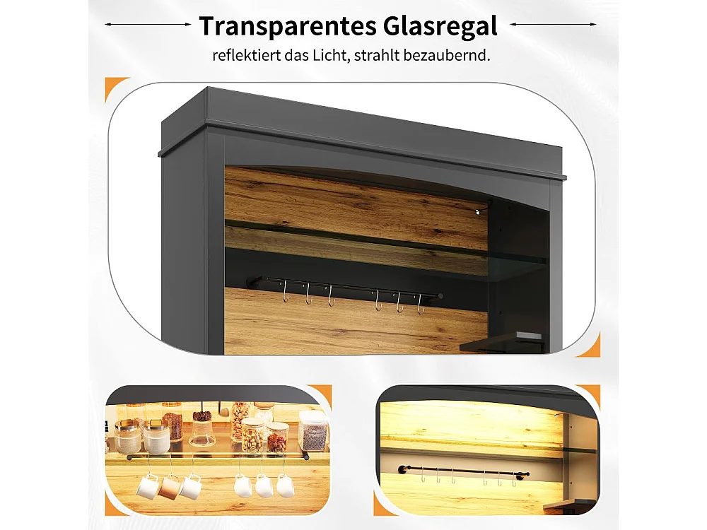 Hoge keukenkast, LED-vitrine met open planken, USB-bediening via app, opbergruimte en kantelbeveiliging