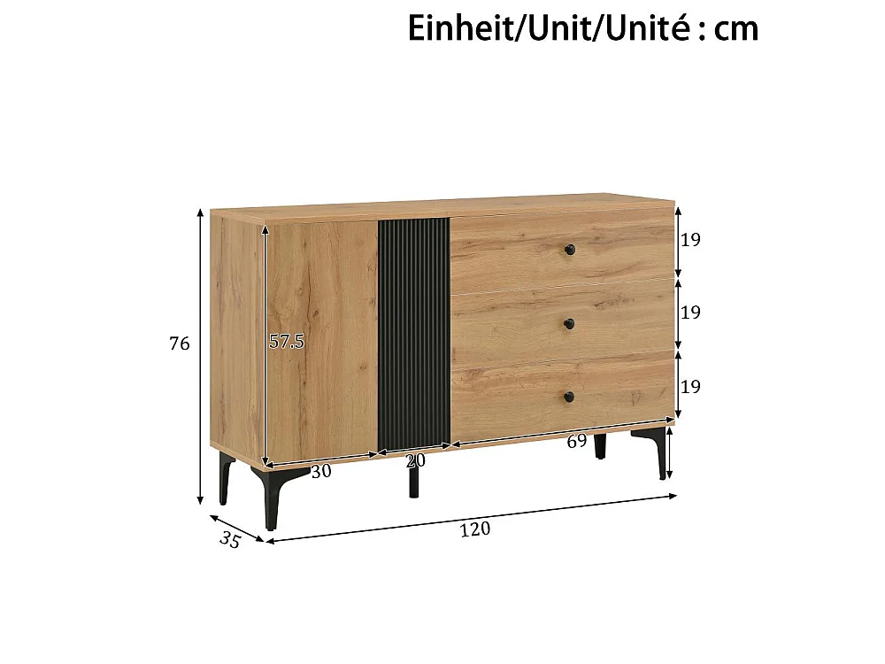 Aparador moderno 120 cm con amplio almacenamiento, puertas y cajones funcionales, patas de metal resistentes y diseño minimalista elegante