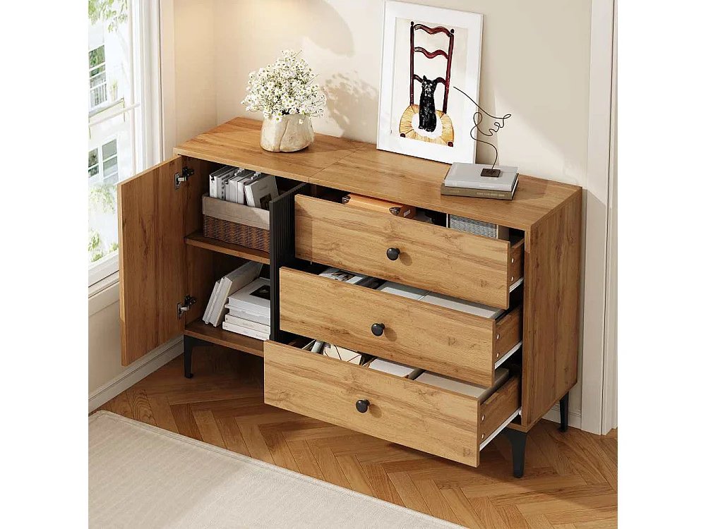 Aparador moderno 120 cm con amplio almacenamiento, puertas y cajones funcionales, patas de metal resistentes y diseño minimalista elegante