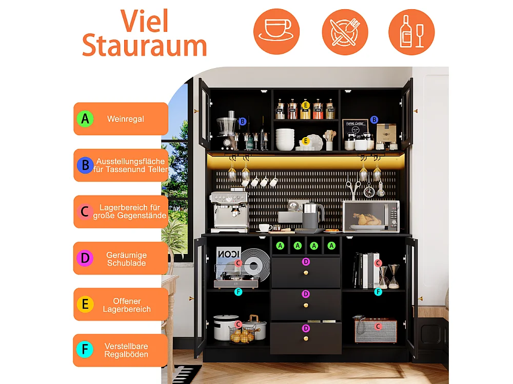 Moderne hoge buffetkast met intelligent LED-licht, wijnflessenhouder, glazenhouder, verstelbare planken en kantelbeveiliging