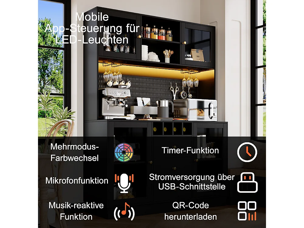 Moderne hoge buffetkast met intelligent LED-licht, wijnflessenhouder, glazenhouder, verstelbare planken en kantelbeveiliging