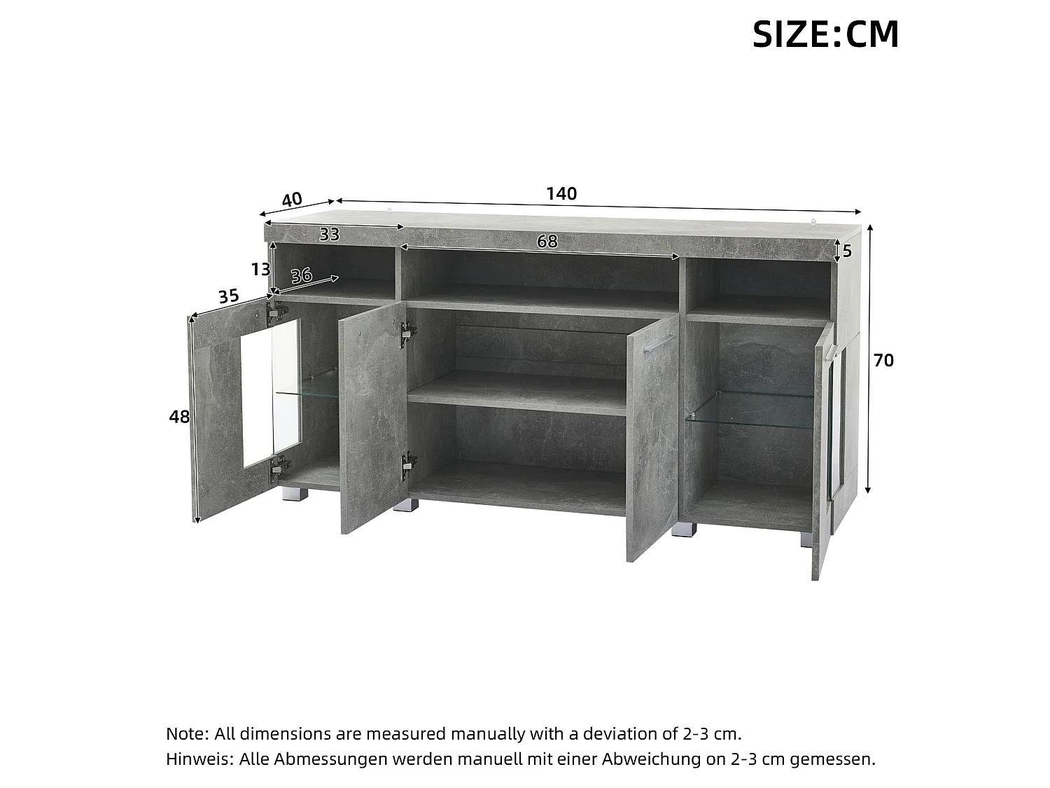Buffet para salón, buffet brillante con iluminación LED - 140 x 40 x 70 cm, superficie de vidrio, 3 compartimentos, en MDF