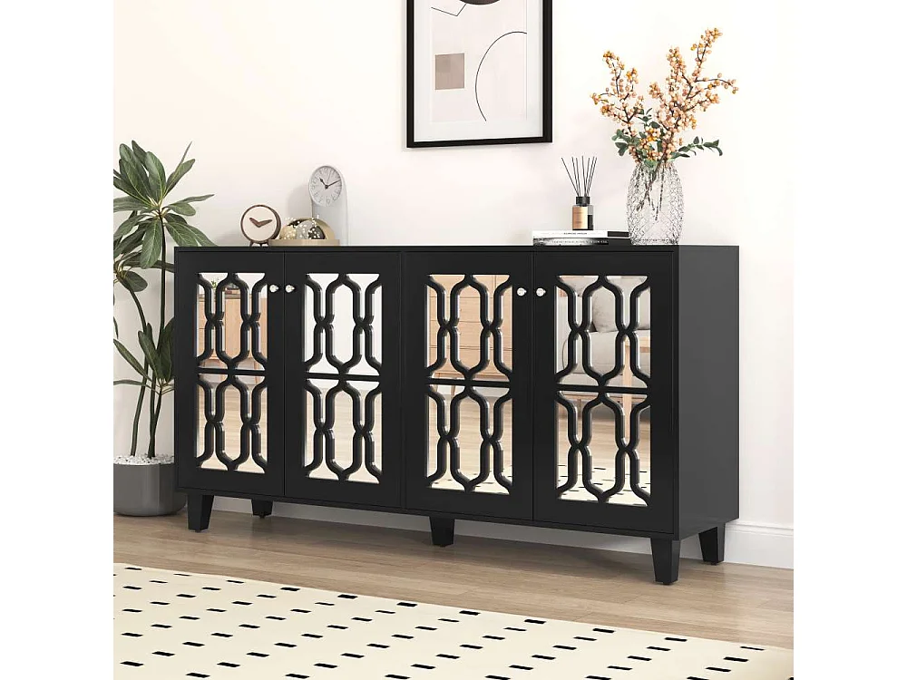 Aparador elegante con superficie de espejo, tiradores de cristal, cuatro puertas y estante móvil, amplio espacio para salón y comedor