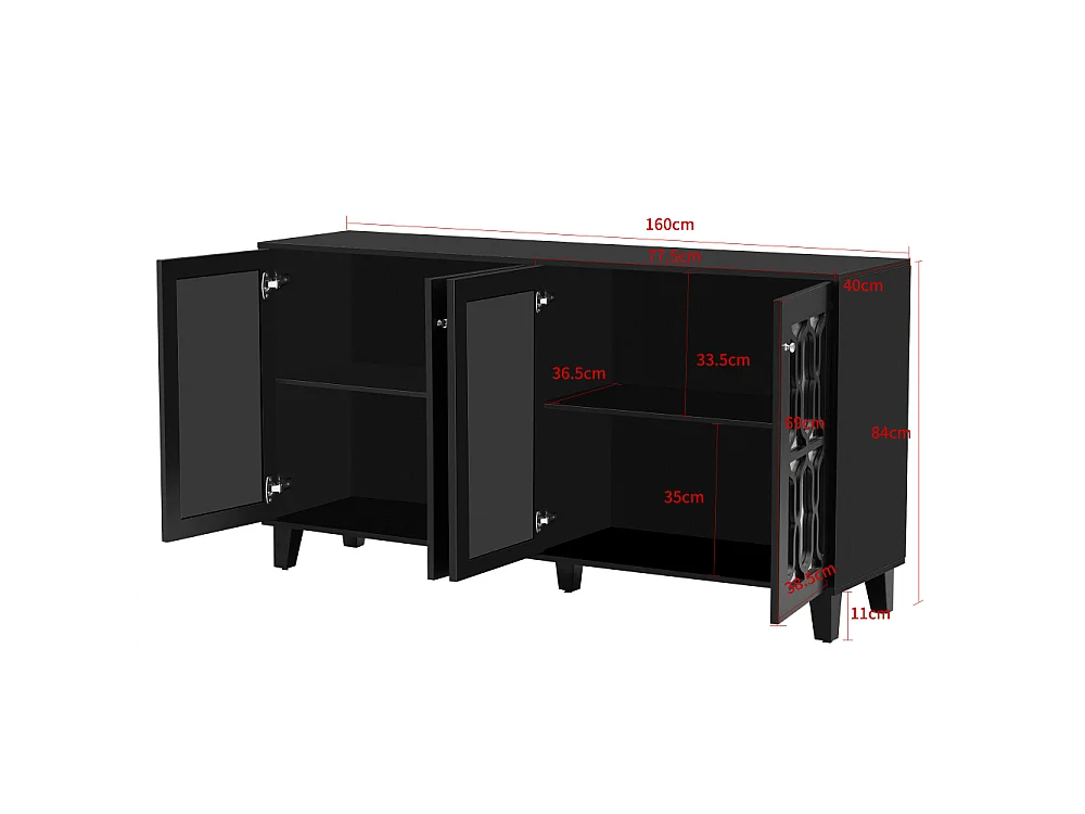 Aparador elegante con superficie de espejo, tiradores de cristal, cuatro puertas y estante móvil, amplio espacio para salón y comedor