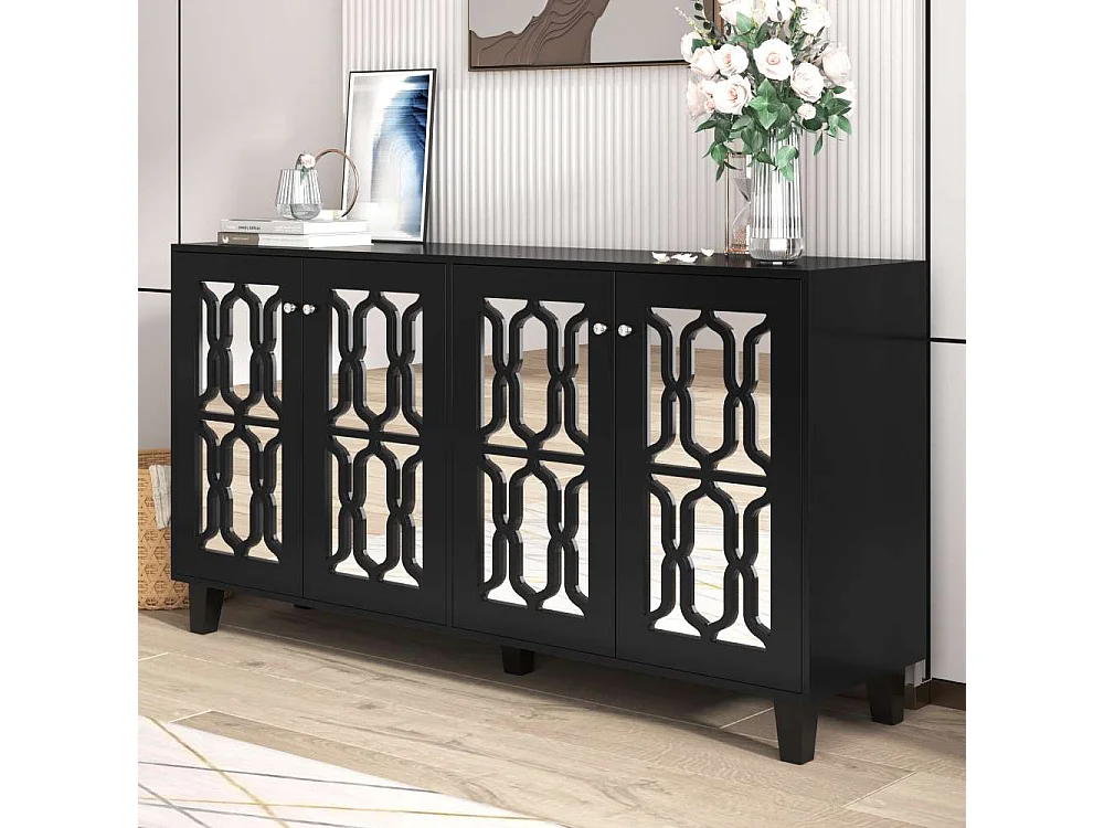 Aparador elegante con superficie de espejo, tiradores de cristal, cuatro puertas y estante móvil, amplio espacio para salón y comedor