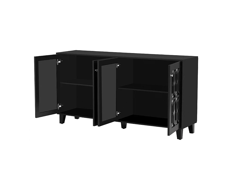 Aparador elegante con superficie de espejo, tiradores de cristal, cuatro puertas y estante móvil, amplio espacio para salón y comedor