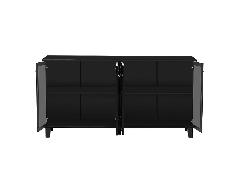 Aparador elegante con superficie de espejo, tiradores de cristal, cuatro puertas y estante móvil, amplio espacio para salón y comedor