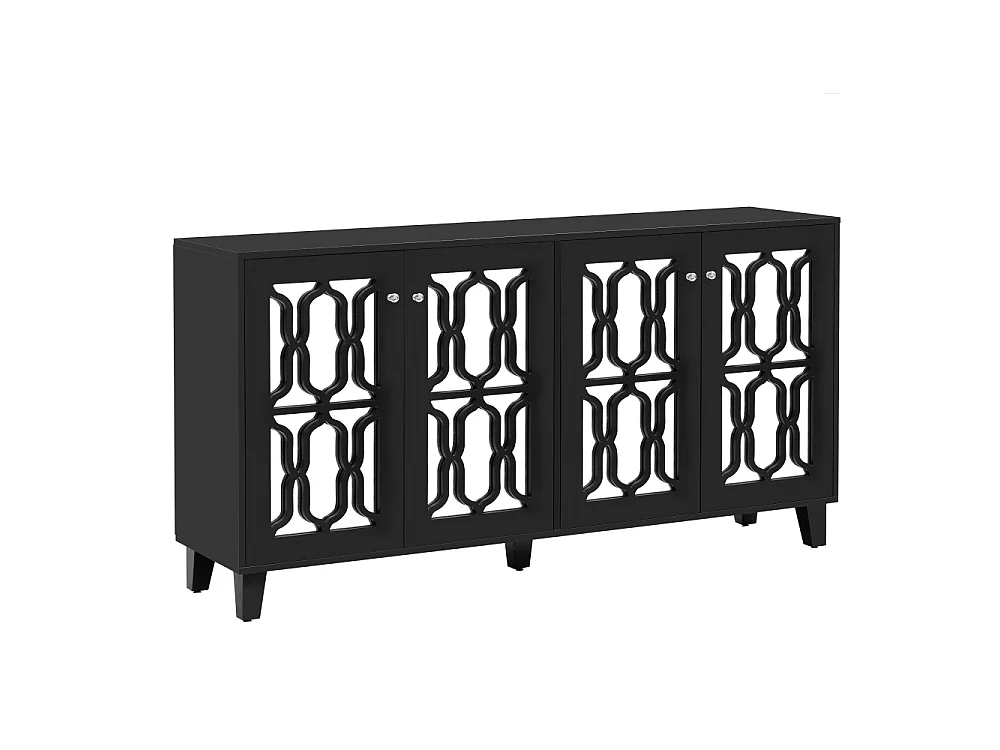 Aparador elegante con superficie de espejo, tiradores de cristal, cuatro puertas y estante móvil, amplio espacio para salón y comedor