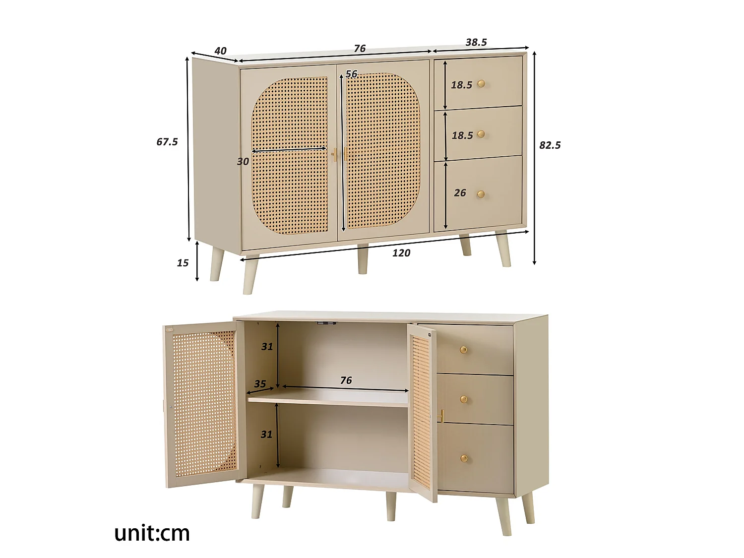 Bufé con puertas y cajones, 120*40*82.5 cm, beige