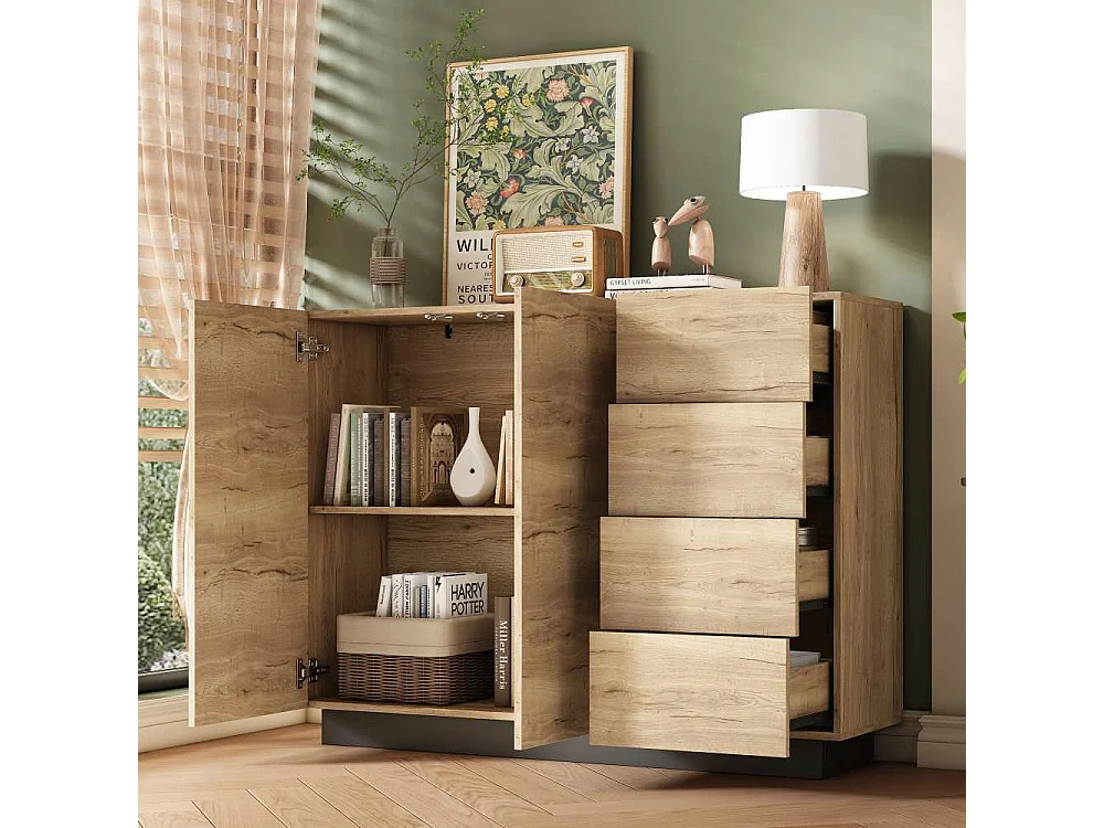 Aparador negro y madera 120 cm – 4 cajones, 2 puertas sin tirador (pulsador), zócalo 8 cm – L120/P35.5/H90.5 cm
