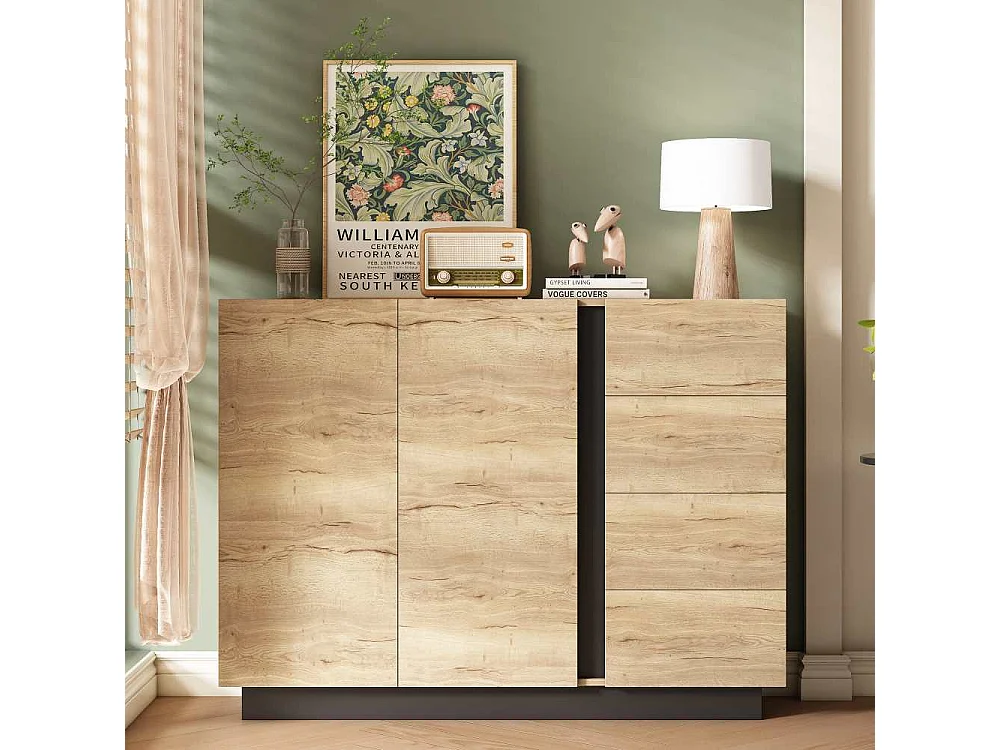 Aparador negro y madera 120 cm – 4 cajones, 2 puertas sin tirador (pulsador), zócalo 8 cm – L120/P35.5/H90.5 cm