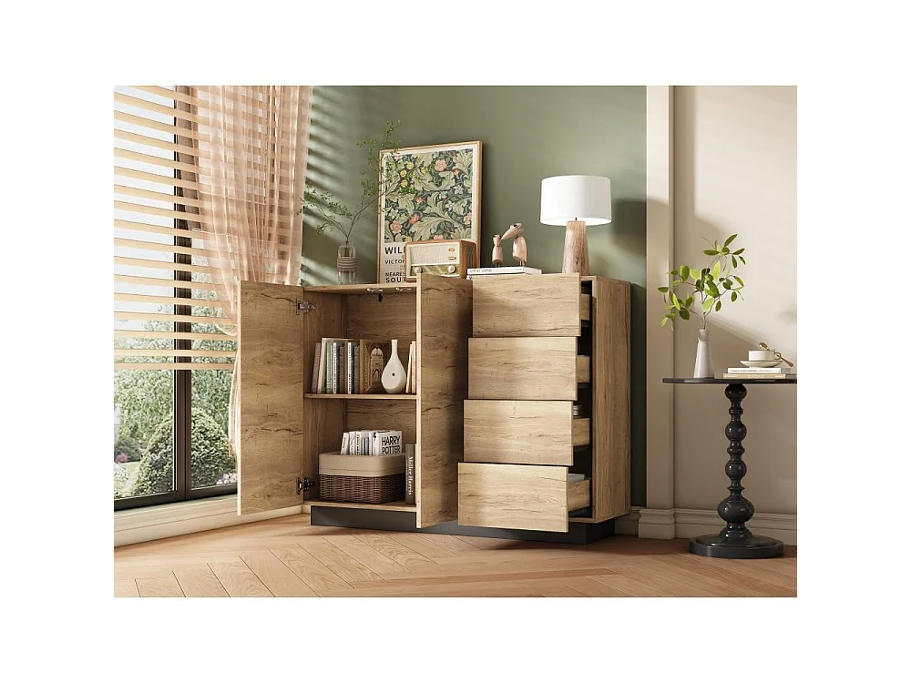 Aparador negro y madera 120 cm – 4 cajones, 2 puertas sin tirador (pulsador), zócalo 8 cm – L120/P35.5/H90.5 cm