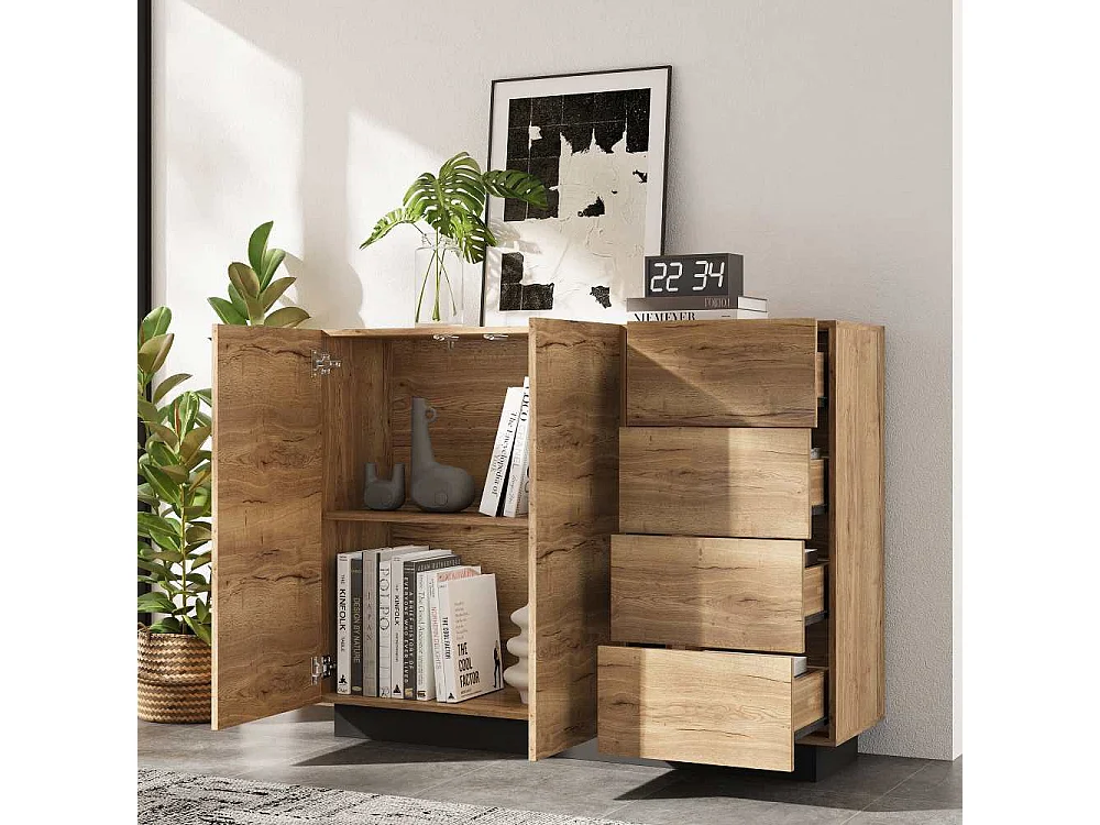 Aparador negro y madera 120 cm – 4 cajones, 2 puertas sin tirador (pulsador), zócalo 8 cm – L120/P35.5/H90.5 cm