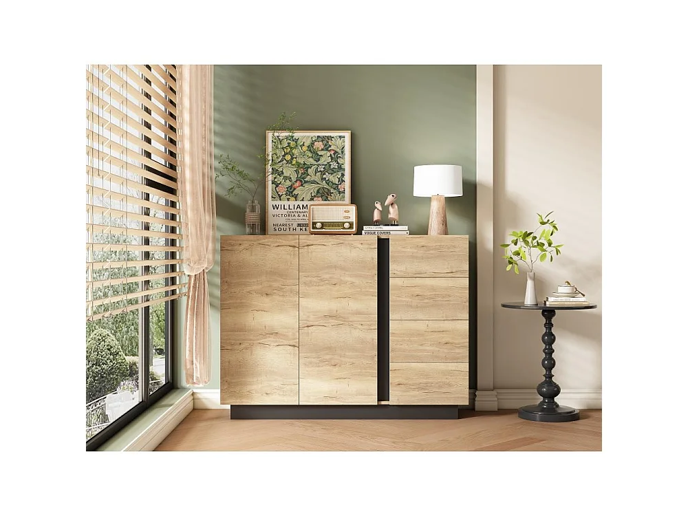 Aparador negro y madera 120 cm – 4 cajones, 2 puertas sin tirador (pulsador), zócalo 8 cm – L120/P35.5/H90.5 cm
