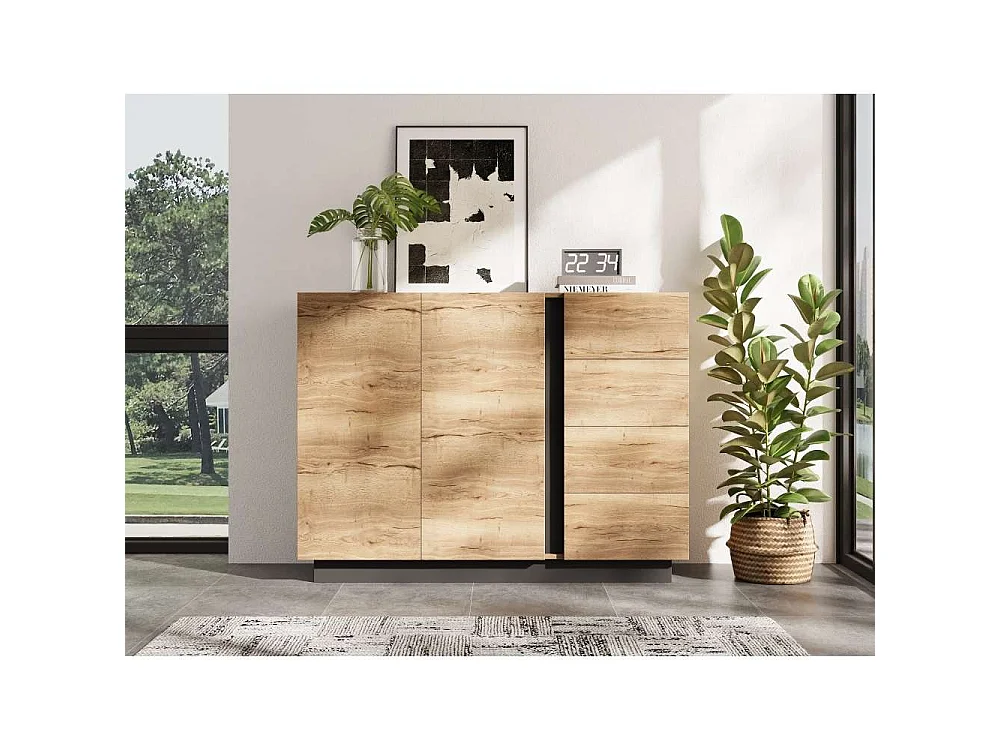 Aparador negro y madera 120 cm – 4 cajones, 2 puertas sin tirador (pulsador), zócalo 8 cm – L120/P35.5/H90.5 cm