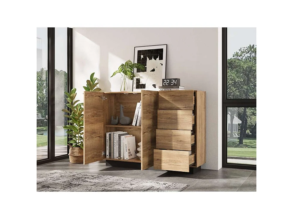Aparador negro y madera 120 cm – 4 cajones, 2 puertas sin tirador (pulsador), zócalo 8 cm – L120/P35.5/H90.5 cm