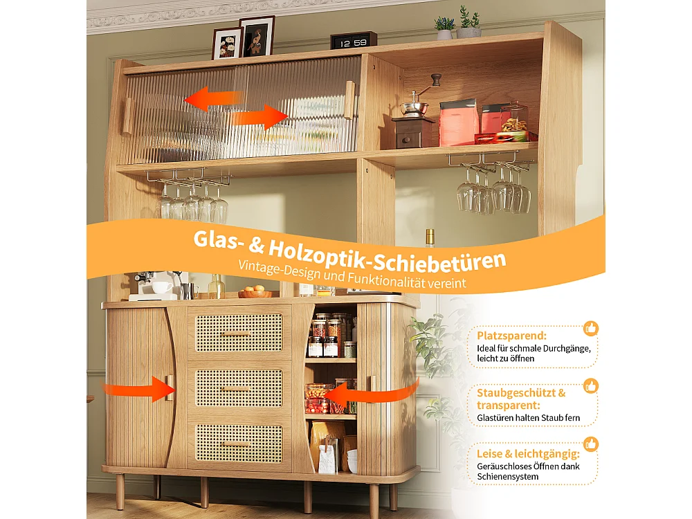 Hoge keukenbuffet 174,5 cm met schuifdeuren van glas, rieten effect fronten en grote opbergruimte